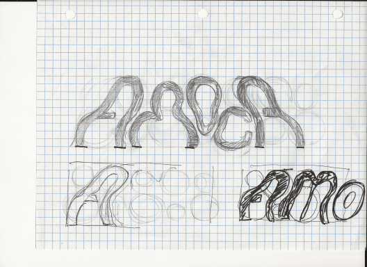 AMOCA sketched letters on graph paper where the o and c fit together into each other 
