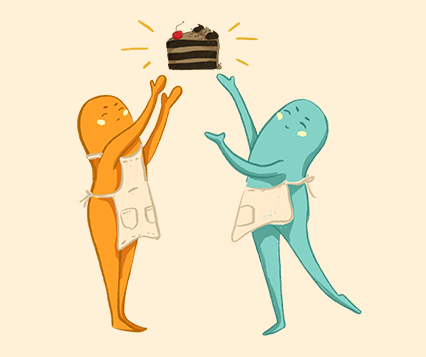 two amorphous characters, one orange and one teal, presenting a floating cake. 
