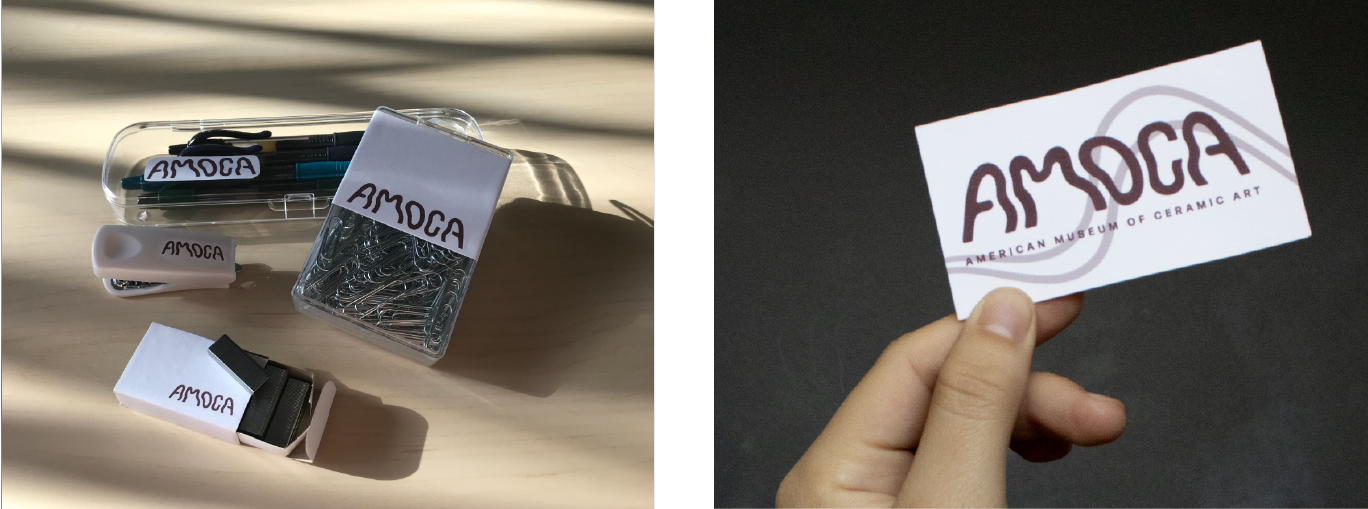 side by side images of stationary that includes, pencil case, stapler, staples, and paper clips. In the other image a hand holds a business card against a black screen 