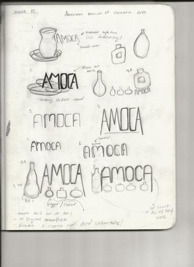 a series of small logo sketched of the word AMOCA including imagery of small ceramic pots 